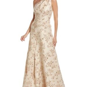 Rickie Freeman for Teri Jon One-Shoulder Champagne Floral Gown